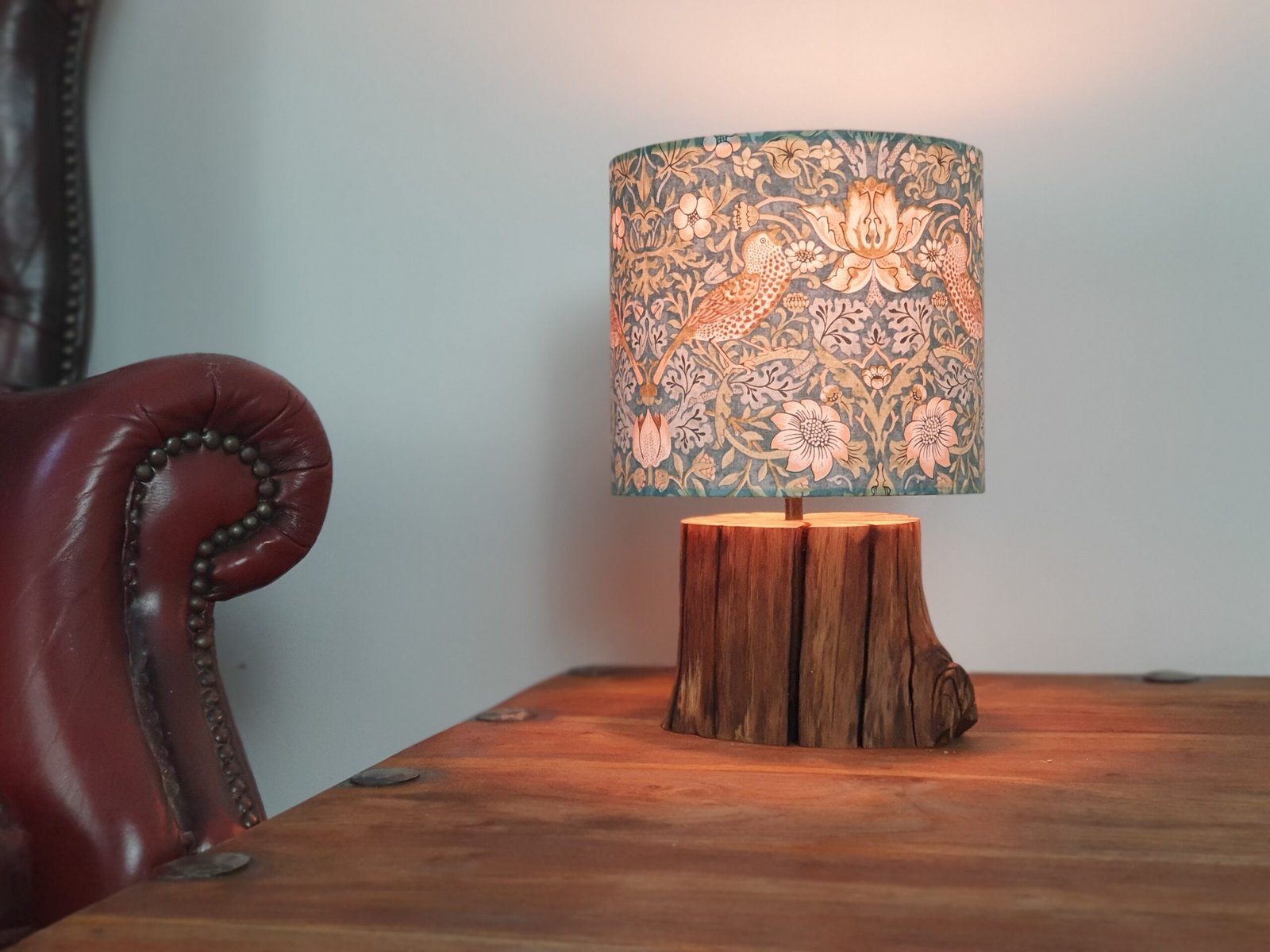 The Clumber Table Lamp, oak stump table lamp with patterned fabric shade, handmade by Velique