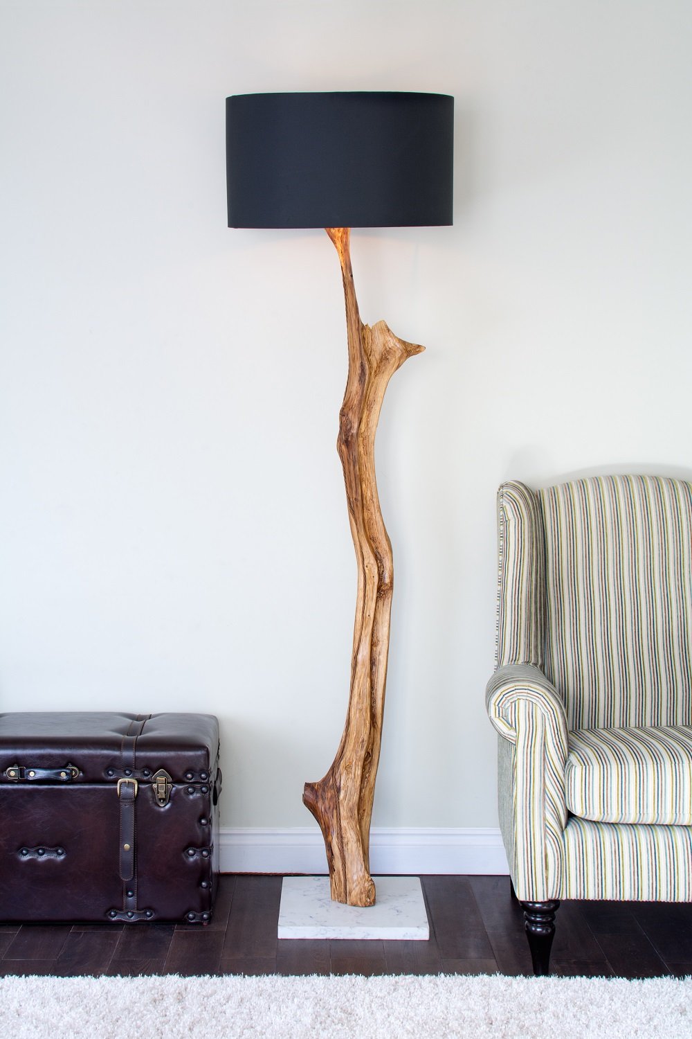 The Sherwood Floor Lamp, solid oak floor lamp with curved natural stem, black drum shade and marble base, handmade by Velique