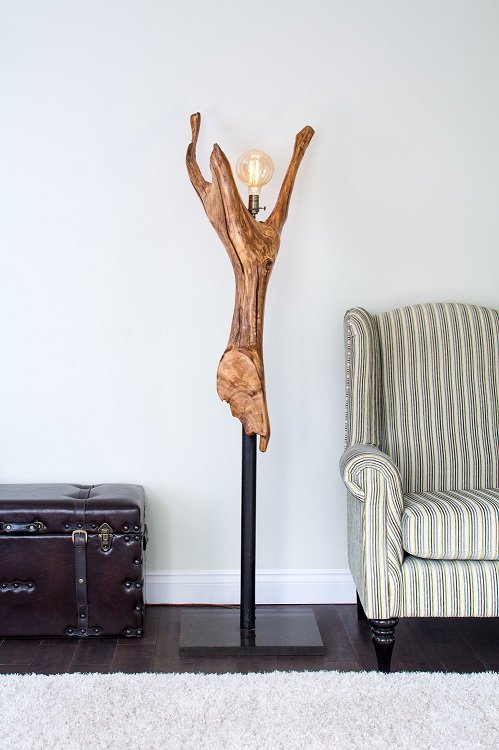 The Welbeck Branch Lamp, sculptural forked oak floor lamp with exposed bulb, handmade by Velique